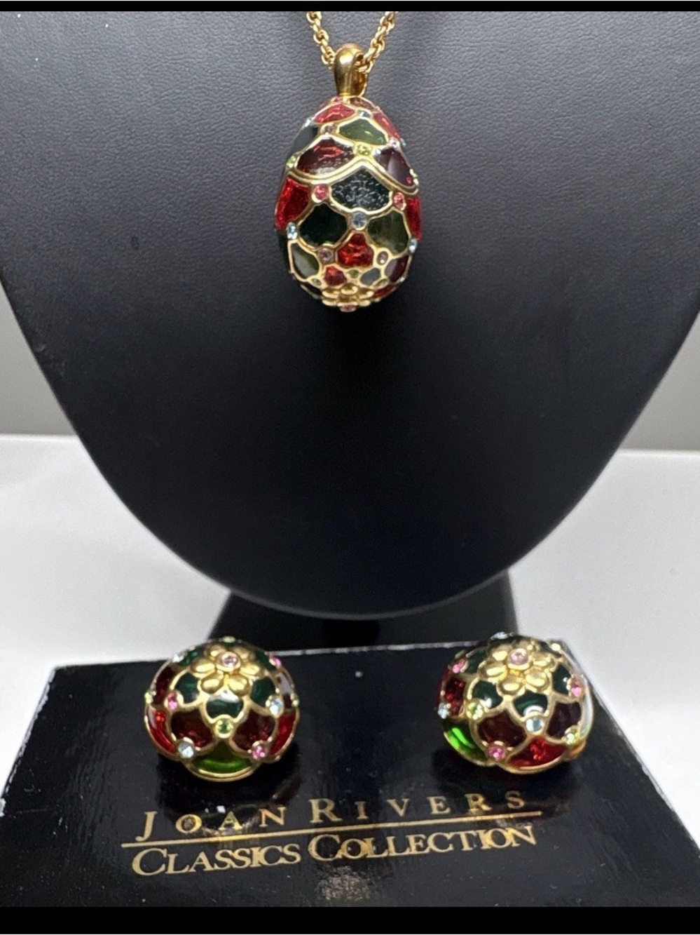 Joan Rivers Egg Pendant Necklace & Clip-On Earrings Set Gold Tone Crystal